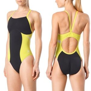 Speedo Women Endurance+ Pinstripe Flight Flyback One Piece Swimsuit Size 28
